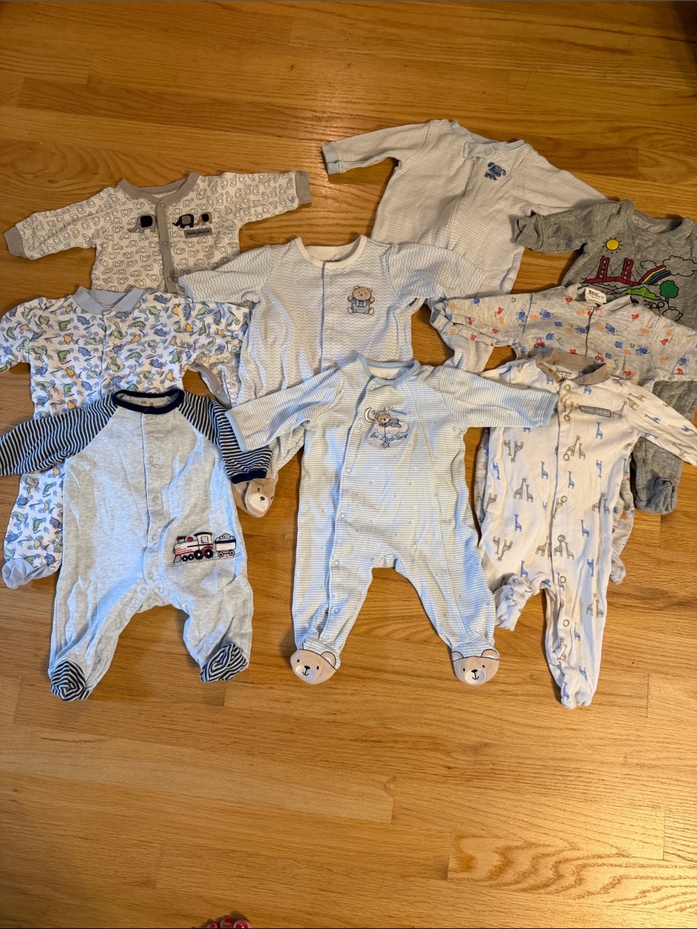9 pcs baby infant cotton footed sleepers, assorted, size 0-3 mo